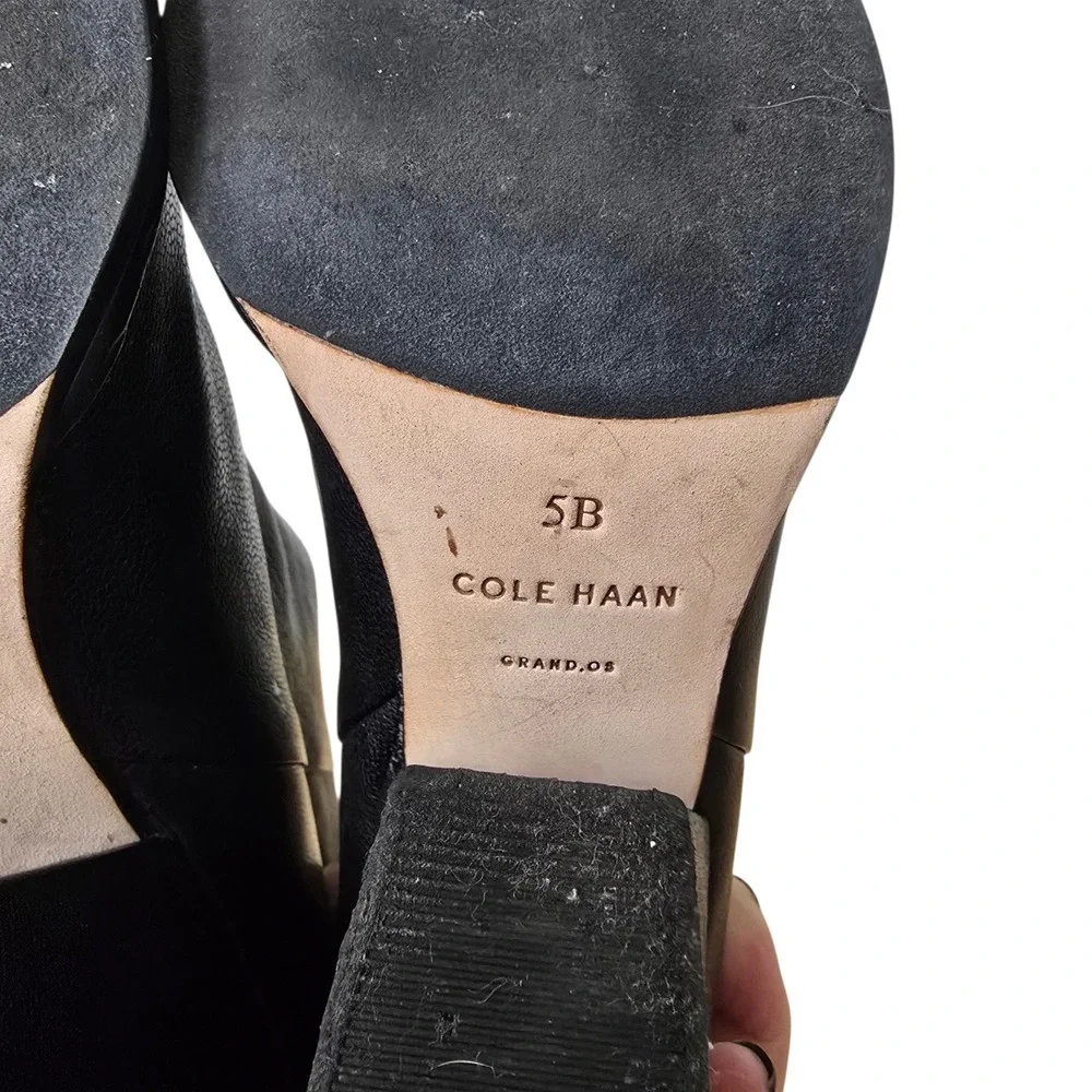 Cole Haan Grand.OS Black Pebbled Leather Block Heel Ankle Boots Womens 5B